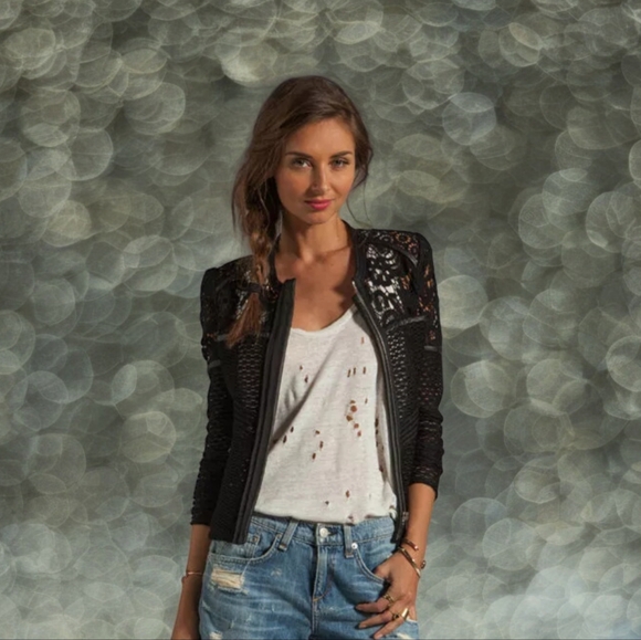 💋DESIGNER Iro Lewis💋. Black Leather and Lace Crochet Jacket Size XS Blazer - Picture 10 of 11